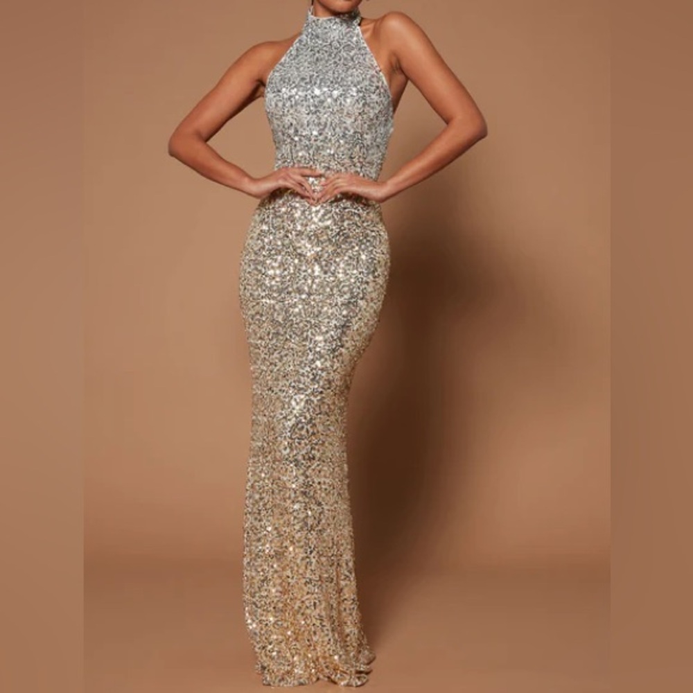 Fashion Nova Gold Sequin Halter Maxi Dress